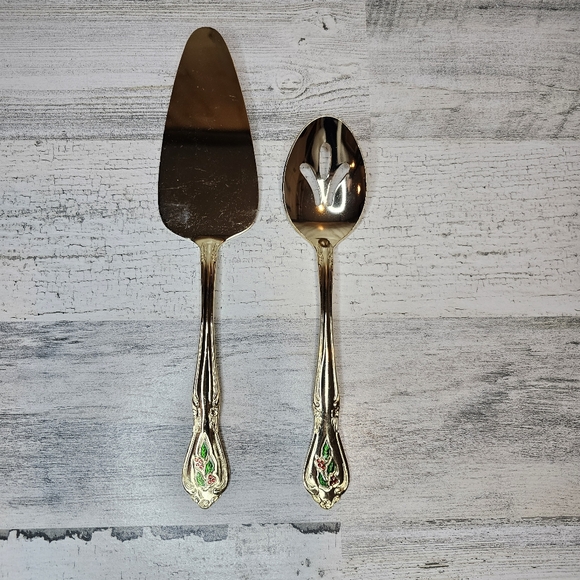 Classic Traditions HOLLYBERRY Gold Holly Serving Set Japan Stainless Steel - Picture 5 of 8